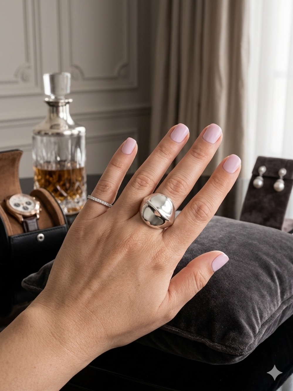 Chunky Silver Dome Ring with Pale Pink Nails